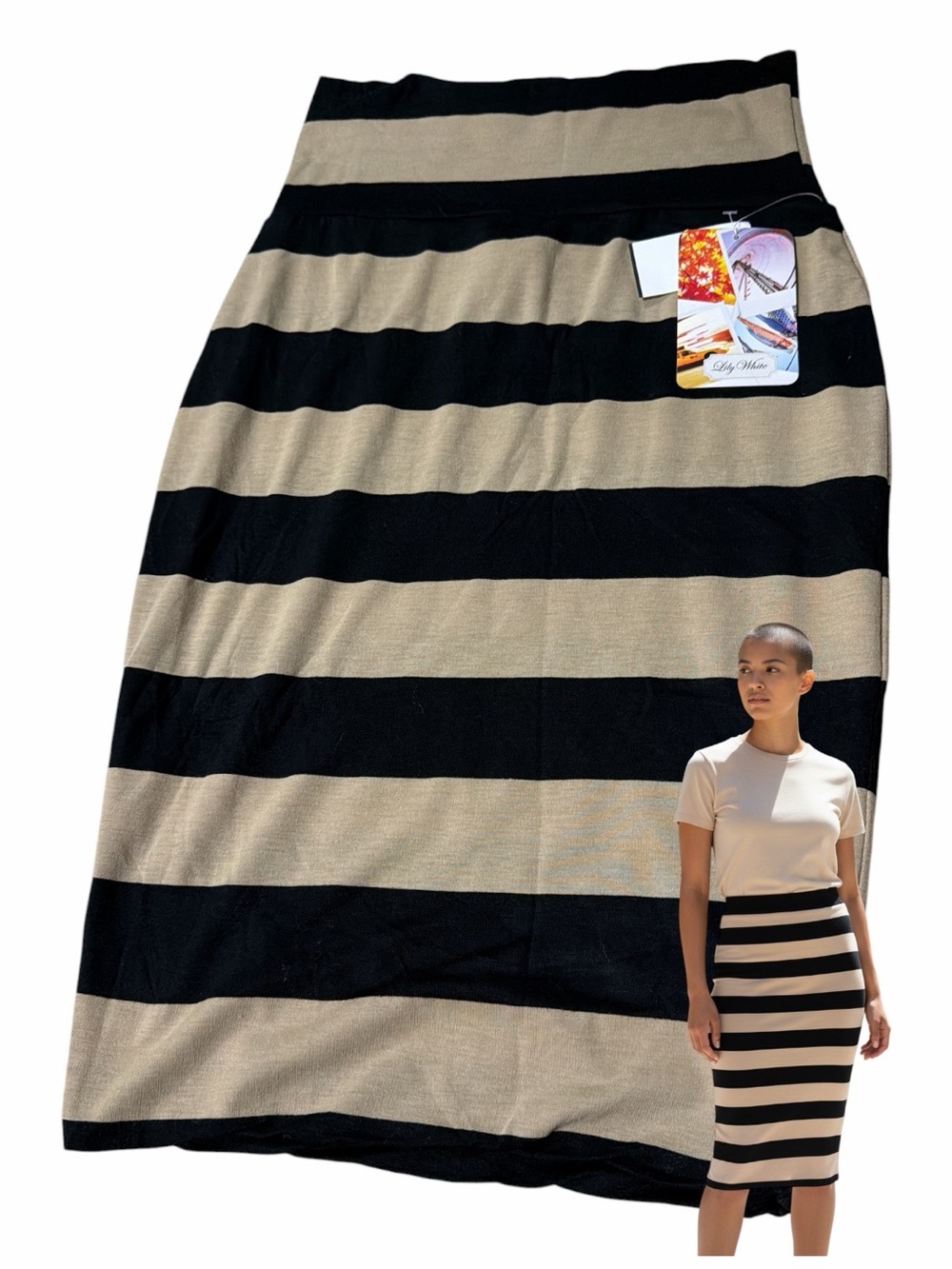 Lily White Black and Beige Striped Midi Skirt